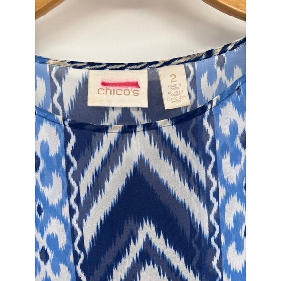 Chicos 2 Womens Ikat Pattern Tunic Top blouse semi sheer Size large Blue & White - Picture 2 of 4
